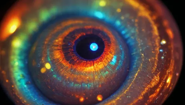 microscope macro zoom, (glowing fire opal), miracle, rainbow light circeled in open universe, orbit, rainbow storm, rainbow fire, rainbow air, rainbow earth