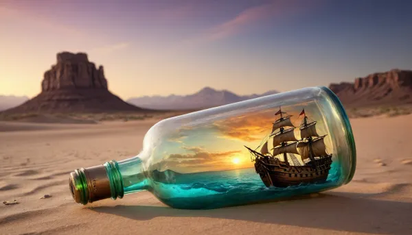 (Large glass bottle with a pirate ship on rough seas inside:1.3), (the bottle sits in a barren and desolate Desert landscape:1.4), distant mountains, colorful sunset, detailxl