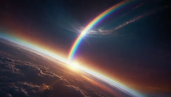 (orbit of eart), hmiracle, rainbow light circeled in open universe, orbit, rainbow storm, rainbow fire, rainbow air, rainbow earth