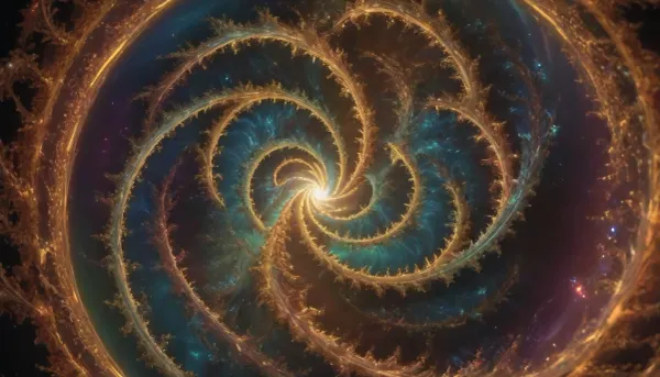 4d microscope macro zoom, (glowing swirl fractal of stars), miracle, rainbow light gold web in open universe, orbit, rainbow fire, rainbow air, rainbow earth