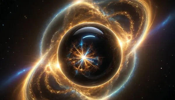 4d microscope macro zoom, black and gold sphere as a galaxy, mirroring, halo, solar wind transparent, light sparks, (glowing fractal of stars), miracle, rainbow light gold cristal in open universe, orbit, rainbow fire, rainbow air, rainbow earth