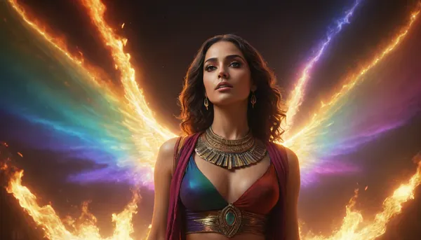 rainbow light, fire, open universe, flying 33 year old dark concentrated egyptian women preist