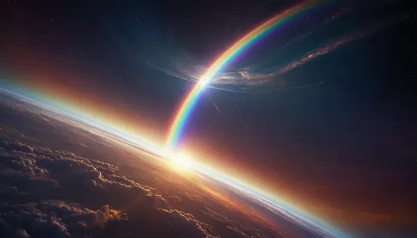 (orbit of eart), hmiracle, rainbow light circeled in open universe, orbit, rainbow storm, rainbow fire, rainbow air, rainbow earth