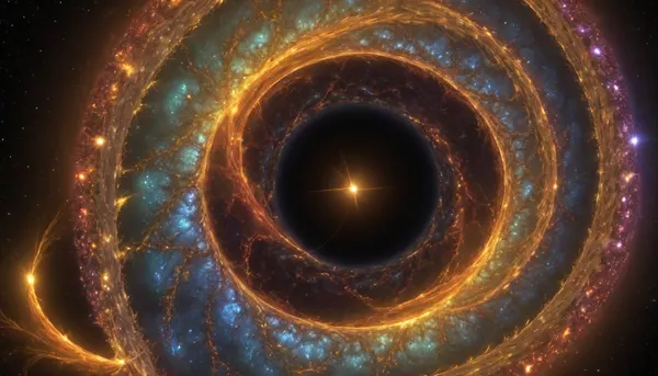 4d microscope macro zoom, eclipse, (glowing swirl fractal of stars), miracle, rainbow light gold web in open universe, orbit, rainbow fire, rainbow air, rainbow earth