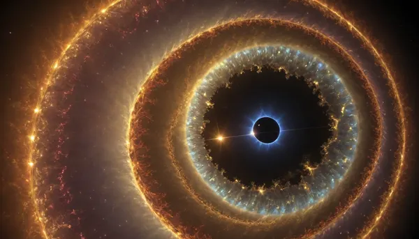 4d microscope macro zoom, eclipse, (glowing swirl fractal of stars), miracle, rainbow light gold web in open universe, orbit, rainbow fire, rainbow air, rainbow earth