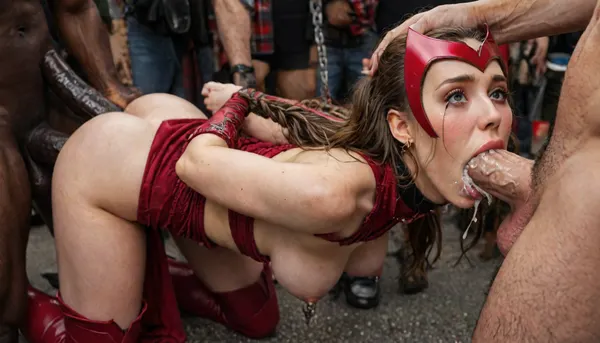 (((Scarlet Witch:1.32), from marvel, scarlet witch outfit)), (deep deepthroat:1.12), (extreme oral sex:1.24), (huge african dick:1.15), (public park background), (ultra realistic), (maximum quality), (high resolution), (extreme detail), (ultra realism), (extreme close up, focus mouth:1.3), UHD, super high quality, super high resolution, extremely detailed, perfect eyes, (man is choking her from behind:1.4), ((hogtied, bound for sex, tied up)), (black eyes), (pale skin:1.3), cock in mouth, (brutal face fuck), Blowjob, (tears in eyes:1.5), (running makeup), (cum drips from nose:1.3), (cum drips from mouth:1.3), ultra hd, photorealistic, hyper gigantic large black cock in mouth, (((hyper gigantic large black cock in mouth:1.3))), oral cream pie, hair grab, sad, sad crying, tongue out, brutal face fuck, tears in eyes, running makeup, one hand around her neck, choking her hard, strangling her, gasping for air, highly detailed, high resolution, perfect lighting, natural lighting, holding head, deepthroat, black spiked pet collar with leash, tied up in chains, hands behind back, (anal:1.5), (masterpiece:1), hard nipples, shy, blushing, hourglass waistline, perfect anatomic body, ass up, anal spitroast, gagging on cock, (pulled nipples:1.2), nipple clamps, spitroast, cum explosion from mouth, cum explosion from nose, wide eyes, throat bulge, puffy cheeks, thick cum, holding her head with both hands, (((hyper large cock in mouth:1.3))), screaming, shocked, tearful, deep anal penetration, (pigtails:1.3), cum explosion, post orgasm, last orgasm, shot from below, Uber realistic, ultra detailed, masterpiece, arched back, detailxl, 35mm photograph, film, professional, 4k, 1girl, 5 boys, hdr, photographic, ultra realistic, ultra high details, back light, (dynamic pose), (dynamic angle), (random angle), (random pose), (dynamic view), (random view), best quality, with large muscular black men, gargantuan black cocks, anal sex expansion, ravenous hyper sex, large hyper muscular black men, interracial gangbang, (interracial sex), swollen black veiny cocks, (double anal penetration), hyperrealistic, DETAILED background, 8K, BadX, Stable-Yogis-Makeup-Enhancer-XL, spectacular lighting, (eyes wide open in horror:1.24), (wide mouth spreader:1.5), (pleading expression:1.18), (terrified:1.12), (crying:1.12), (fear and panic:1.18), Movie, Still, Film, Cinematic, Shot, (huge dick), (creamy deep deepthroat:1.12), (extreme oral sex:1.4), (huge massive white dick:1.4), (hands holding hair), (hands tied behind back:1.4), UHD 8K, (full body photograph:1.12), marvel, scarlet, witch, woman, <lora:detailed_notrigger:2>, <lora:add-detail-xl:2>, <lora:LCMTurboMix_Euler_A_fix:2>, <lora:JuggerCineXL2:2>, <lora:marvel scarlet witch woman 1a:2>