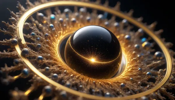 4d microscope macro zoom, black and gold sphere, mirroring, halo, solar wind transparent, light sparks, (glowing fractal of stars), miracle, rainbow light gold cristal in open universe, orbit, rainbow fire, rainbow air, rainbow earth