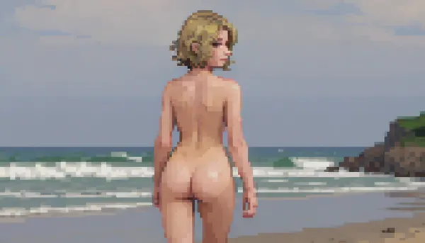 (looking forward:1.5), (narrow thigs:1.4), (dynamic seductive pose:1.4), (thin legs:1.3), (thin thighs:1.4), thighs, (view from behind:1.4), (standing:1.2), (full body), (Dirty blonde hair:1.2), HD, ultra realistic freckles, (young), (white pale skin:1.4), (skinny slim body:1.4), (thin shoulders:1.4), (hair:1.3), (tousled bob cut:1.3), (tousled realistic detailed hair:1.4), perfect shadows, (4k, extreme detailed, 8k detailed, hq, high quality), (skinny slim ass:1.4), (thin narrow waist:1.4), (detailed freckles), (very Small body:1.4), (extremely detailed Small breasts:1.4), (Naked), best quality, highly detailed, detailed face, (18years old e girl:1.4), (sea beach background:1.3), (naked:1.4), Asian-Less2-Neg, BadDream, (photorealistic:1.4), beautiful woman, from behind, (very ass:1.4), (slim skinny ass:1.4), standing, high detail, hyper realistic, 8k HDR, <lora:pixel-art-xl-v1.1:.8>, <lora:pk_trainer_xl_v1:.8>, Pixel, Art, PixArFK, <lora:PixelArtRedmond-Lite64:.8>, pixel, art, <lora:pxx4_v1_alpha:.8>, lcas, artstyle, <lora:Lucasarts Artstyle - (Trigger is lcas artstyle):.8>