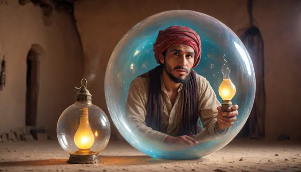 A spiral bubble, (inside the bubble, a Bedouin with a lamp in his hand, his image obscured by liquid glass), <lora:436263_training_data:.5>, <lora:BubbleXL:1.2>