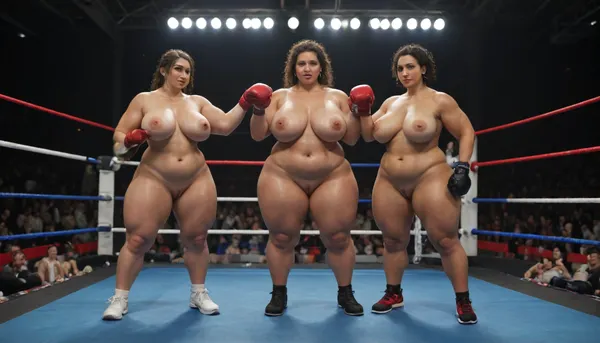 Two extremely fat nude women with huge pancake boobs boxing in a boxing ring in front of a huge audience, ((bbw:1.2)), ((muscular thighs:1.2)), ((full body view:1.4)), ((very sweaty skin:1.4))