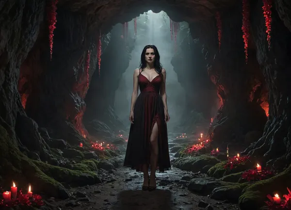 Woman. Forty years old. Large breasts. Sagging breasts. Enormous breasts. Milky breasts. Large nipples. Dark nipples. Exposed nipples. Thin waist. Narrow waist. High waist. Wide hips, big butt. White skin. Milky skin. Black hair. Long hair. Big eyes. Red eyes. Woman in a dress. Torn dress. Dress with holes. Knee-length dress, full at the bottom, black and red, deep neckline, protruding breasts. Witch. Woman standing, legs apart, arms outstretched. Woman deep in a cave. Woman in the distance. Woman in the background. Large cave. Lots of space. Gloomy cave. Stalactites in the cave. The cave is full of moss and glowing flowers. Red flowers. Purple flowers. White flowers. Candles in the cave. Floating lights. Lots of lights., Dark, dreams, Eerie, reality, Horror, Darkness, <lora:DDXL:.8>