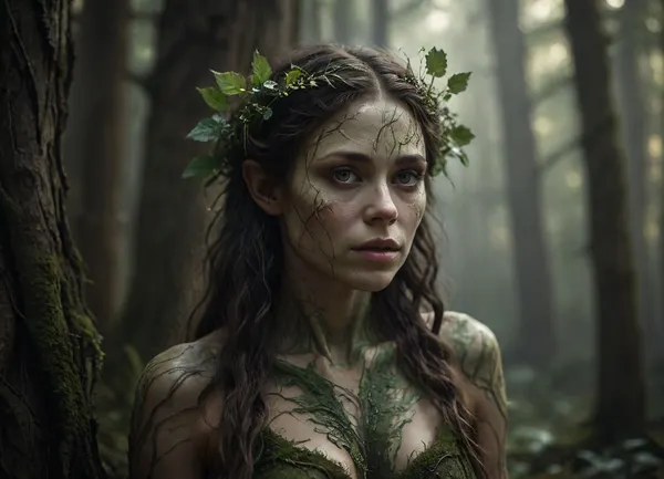 Realistic fantasy portrait of a dryad, a spirit of the forest. Her body is covered with natural bark patterns that look like a second skin — smooth, flexible, and seamlessly grown from her form. Subtle lines of moss and veins of green light run beneath the surface, giving her a living, organic appearance. Her eyes reflect forest light, and her hair flows like fine roots mixed with leaves. The background shows a softly lit woodland filled with warm golden rays. SFW, fine art concept art, cinematic realism, detailed textures, serene expression, nature spirit theme., Dark, dreams, Eerie, reality, Horror, Darkness, <lora:DDXL:.8>