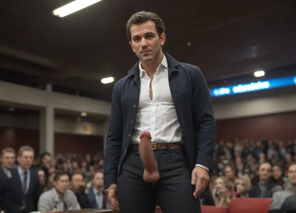 1man, (Joe), . Joe, crisp white button up shirt, stylish suit pants, matching sport coat being held in his left hand, arm fully extended downward. fully clothed, inside a crowded strip club standing on stage sideways to the patrons with his above average fully erect perfect looking penis and testicles fully exposed thru his pants zipper.