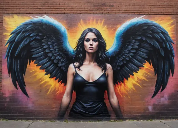 Street Art, Mural, Spray Paint, Tones of Black, High Contrast, Ultra-HD, Angelic, Evil, Powerful, Natural Lighting, Reflective, Polished, Brick, Aerosol