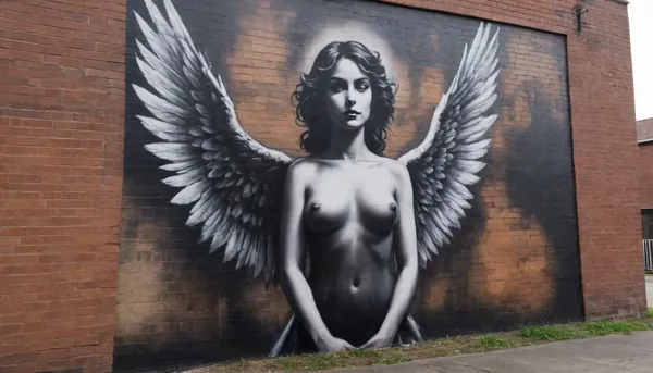 Street Art, Mural, Spray Paint, Tones of Black, High Contrast, Ultra-HD, Angelic, Evil, Powerful, Natural Lighting, Reflective, Polished, Brick, Aerosol