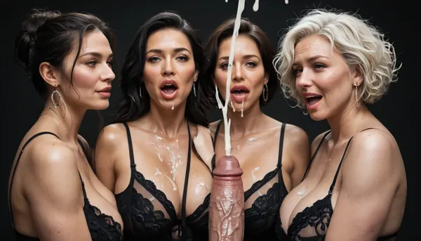 white man, short straight black hair, showing his huge 25 inch massive penis to a group of curvy white mature women, (milf:1.2), wearing slutty red and black lingerie, his penis is very hard, erection., (ejaculation:1.4), mouthfull of cum, excessive cum dripping out of her open mouth, cum on body, black room, black background.