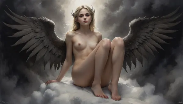 A very detailed sexy, blonde, skinny and flat-chested angel with detailed huge angel wings sits lasciviously on a cloud, perfect hands, perfect face, perfect legs, perfect feet, longing view, silent smile, camel toe, from, below, shoes, delicate, detailed, eyes, cameltoe, Gustave, Doré, Style, page, Black, and, white, art, black, pencil, shading, charcoal, drawing, toned, paper, brutal, dark, b/w, color, scheme, <lora:Cloudy_Style:.5>, <lora:underanglexl16:1.7>, <lora:cameltoe XL:.8>, <lora:Gustave Dore Style:1.6>, <lora:Black and white art.V1:1.4>