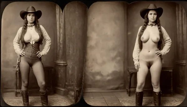 1870s, (((1870s beautiful female cowgirl))), amateur model, beautiful face, amateur photo, brunette hair, attractive, 28 years old, (((picture taken with Daguerreotype camera:1.5))), (large natural boobs:1.1), natural boobs, (hairy pussy:1.4), (full body in view), straight hair, ponytail hairdo, (same person, same pose, same angle), (2Split screens, 2split views, onoff:1.2), (wearing 1870s cowgirl outfit), (western town background), BREAK, <lora:OnoffXL_ExtraCrispy:1.1>