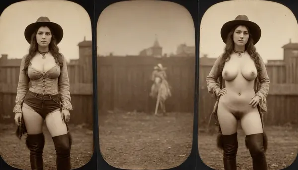 1870s, (((1870s beautiful female cowgirl))), amateur model, beautiful face, amateur photo, brunette hair, attractive, 28 years old, (((picture taken with Daguerreotype camera:1.5))), (large natural boobs:1.1), natural boobs, (hairy pussy:1.4), (full body in view), straight hair, ponytail hairdo, (same person, same pose, same angle), (2Split screens, 2split views, onoff:1.2), (wearing 1870s cowgirl outfit), (western town background), BREAK, <lora:OnoffXL_ExtraCrispy:1.1>