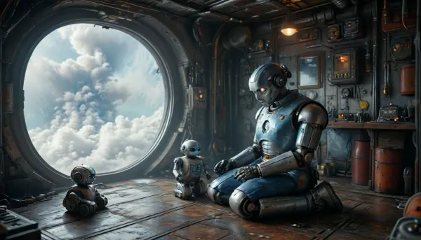 Star Wars style, (Steampunk:1.4), (Full body view:1.3), a chubby, friendly male mechanic in blue overalls kneels on the floor of his messy and futuristic workshop, repairing a small toy robot to the great delight of his work robot next to him, (cute work-robot:1.3), work-robot watches attentively as his toy is repaired. various perspectives, various futuristic backgrounds, elaborate details, highly detailed, breathtaking, panoramic, cinematic, (3D, Framed, Woman), Macabre, cloudy, smoke, atmospheric, clouds, fog, anchespaceroom, cyberbotgilzv1, <lora:MJ52:.9>, <lora:Cloudy_Style:.4>, <lora:Anchespaceroom-V1:1.1>, <lora:CyberBotGilzV1:.8>