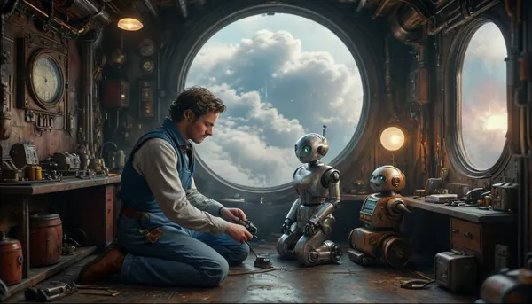 Star Wars style, (Steampunk:1.4), (Full body view:1.3), a chubby, friendly male mechanic in blue overalls kneels on the floor of his messy and futuristic workshop, repairing a small toy robot to the great delight of his work robot next to him, (cute work-robot:1.3), work-robot watches attentively as his toy is repaired. various perspectives, various futuristic backgrounds, elaborate details, highly detailed, breathtaking, panoramic, cinematic, (3D, Framed, Woman), Macabre, cloudy, smoke, atmospheric, clouds, fog, anchespaceroom, cyberbotgilzv1, <lora:MJ52:.9>, <lora:Cloudy_Style:.4>, <lora:Anchespaceroom-V1:1.1>, <lora:CyberBotGilzV1:.8>