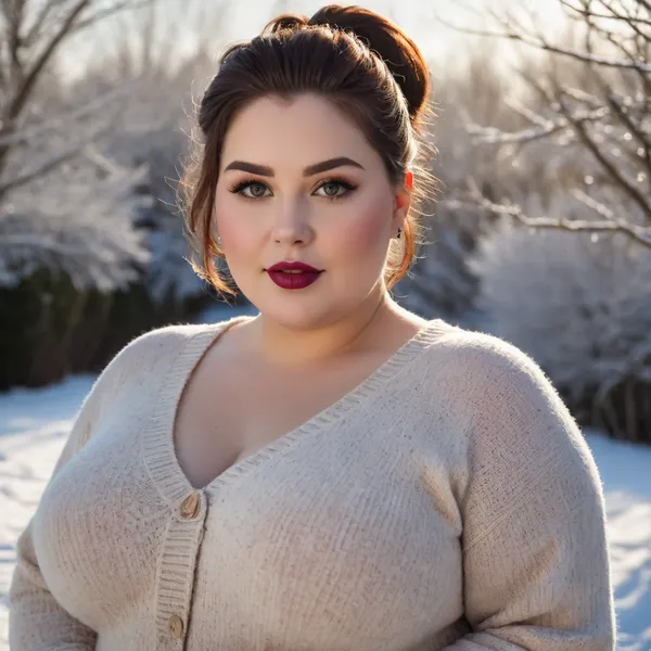((professional portrait)), very obese cutie, (ssbbw:1), chubby face, ((small fat bust)), broad smile, fashion makeup, updo hairstyles, detailed iris, thin dark red lips, lip gloss, dark fashion hair, perfect eyes, (8k, RAW photo, best quality, masterpiece:1.4), sw3ater, Winter, Snow, golden Hour, sun Rays, bushes chubby waist, strong arms, without Leaves, thick sweater, knitted sweater, frost, frozen, ice, fuzzy, natural skin texture, cutiepiev1, <lora:cutie_pie_v1-000005:.8>