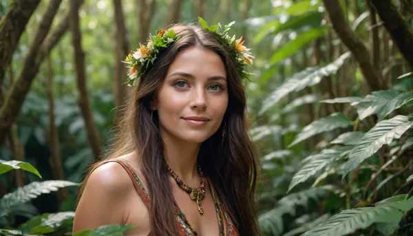 4d microscope macro, depth of field, fantastic dream world, (florering, blooming jungle, animals), fully clothed native american preist women 55 yo collecting wild flowering from lianas all around wild dense flowering jungle, lot of colors, clothed in elegant brown hunting leather expensive clothes, gold lingery, leather sandals, long black dread hair, wide green eyes, (smiling), full of wisdom.

35mm Vintage photo, light dense jungle, extremely realistic, birds in air, visible ligt of sun