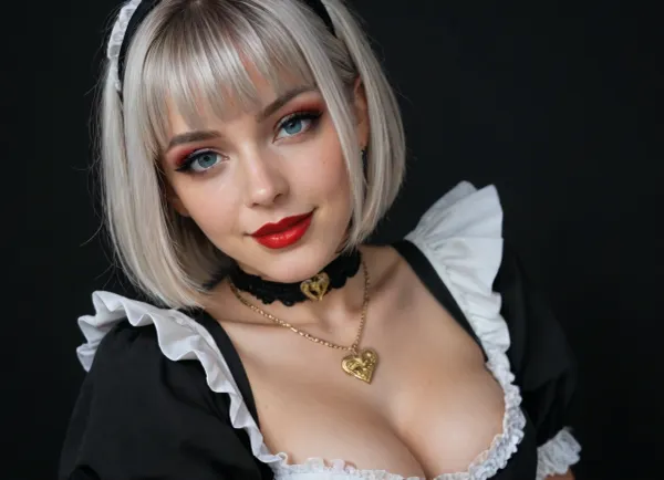 Emo girl, girl 25 years old, silver hair, (bob cut with bangs:1.5), smile, Blue eyes, goth girl, goth makeup, red lipstick, cat eye makeup, long eyelashes, voluminous eyelashes, topless, big beautiful breasts, milky breasts, beautiful nude breasts, big nipples, erect nipples, juliet sleeves, red makeup, black choker, gold jewelry, happy, (black background), high definition, ultra realistic, masterpiece, (very slutty and sexy makeup, perfect eyelashes, blush, lipgloss, perfect face), ((gothic french maid outfit, frilly and very revealing, flattering her curves, gold necklace))