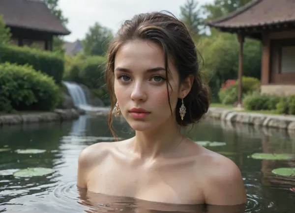 "Princess Aiko in the silence of the garden, watching the mist rising above the pond."
"Mosquitoes dancing over the water, in the background you can see the noses of shamans."
"A dark, fantastic garden at night, with elements of traditional Japanese architecture."