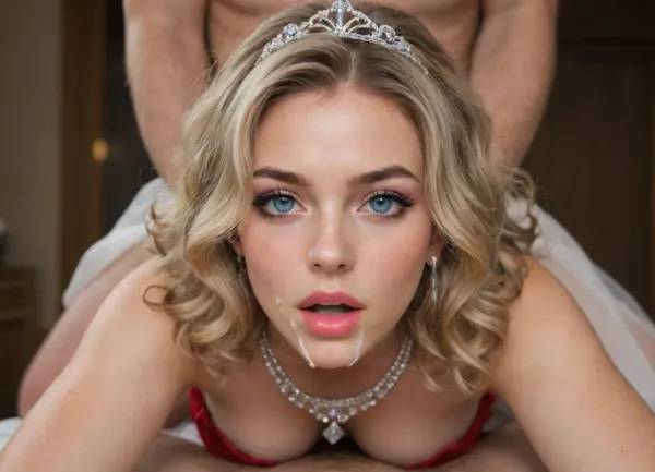 A beautiful, elegant 29 yo woman is fucked from behind doggystyle, gorgeous, pretty face, posh, vibrant eyes, heavy makeup, blush, eye shadow, big eyes, high cheekbones, open mouth, orgasmic expression, ballgown, c-cup breasts, in a bowling alley, wearing a tiara, diamond necklace, long curly blonde hair, doggystyle sex with a man, she is getting fucked hard and she likes it, cum on forehead, cum on face, cum in hair