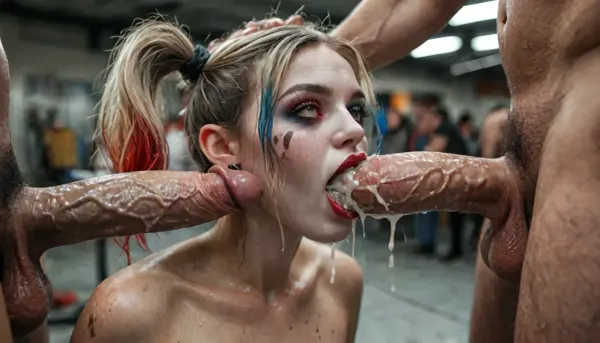 8k, score_9, score_8_up, score_7_up, FILM PHOTOGRAPHY STYLE, cinematic photography of a woman, professional portrait photo realism, Monstrous Batman, massive cock, gigantic cock, monstrous cock, pounding Harley Quinn, monstrous Robin fucking Harley Quinn, (double penetration), hyper cum, <lora:detailed_notrigger:2>, <lora:add-detail-xl:.8>, <lora:LCMTurboMix_Euler_A_fix:.8>, <lora:style_lora_realis:.8>
