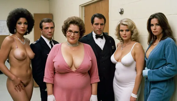 Gritty 35mm photo, wide angle, police station, perp lineup, (identity parade, sequential lineup), 6 female prostitutes stand in a row to be identified, haggard and tired, white wall with height lines behind them. Prostitute 1 is a short woman, 30 years old, chubby, blond, wearing pink negligee, her boobs and fat roles are visible. Prostitute 2 is a tall woman in her 40's, thin, long brunette hair, flat chested, wearing leather straps and bondage attire, leather mask. Prostitute 3 is a black woman, medium height, C-cup, large afro, torn shirt and jeans 1980's style. Prostitute 4 is a voluptuous woman, curvy, 50 years old, elegant, dressed impeccably, full-length fur and evening dress, diamond necklace. Prostitute 5 is a crack ho, skinny, oily skin, acne, late 20's, disheveled and loose hooker attire, tiny hanging boobs, greasy hair. Prostitute 6 is a cute grandmother, hair in a permanent and covered in a scarf, pudgy, granny glasses, housecoat, white gloves, smiling matronly., swat, style, green, eyes, blue, brown, perfecteyes, <lora:swat style:.8>, <lora:PerfectEyesXL:1.1>