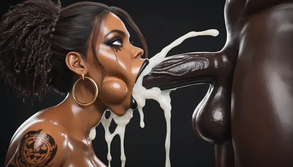 (((very dark African woman))), long permed brown hair, black lipstick, 44 inch black cock balls deep in throat, eyes are rolling to the back of her head, black makeup is running down her face, . naked massive bimbo breast, super deepthroat, woman has the darkest skin ever, every 44 inches of dick is deep down her throat. long permed brown hair, oiled skin, glowing skin, real skin, deepthroat, massive thick thighs, massive phat ass, massive round hips, perfect hair. Tattoos on both thighs, tattoo on both breast, tattoo on both legs, side view, extremely huge amounts of cum in mouth, juicy massive lips, lips, close up