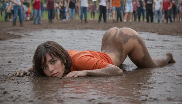 masterpiece, award winning photo, high detail, photo realistic, best quality, woodstock festival, surrounded by people, people standing close to her, crowded open air festival, rainy, Velma, bright green eyes, spread legs, lies in puddle of mud, head on ground, (face down in mud:1.4), ((face half submerged in mud)), body covered in mud, mud on arms, mud in face, mud in hair, mud on legs, mud on feet, wide hips, big ass, left for dead, used, abused, degraded, defiled, humiliated, side view