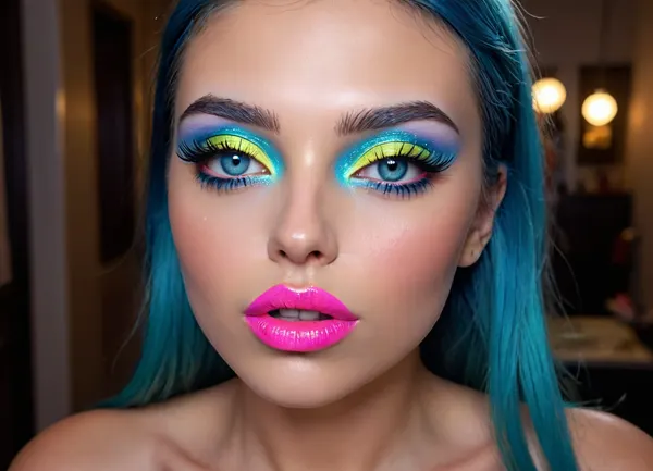 markgavatino art style, (Masterpiece), (ultra high definition), sexy robot with robot face, (hyper fully robotic girl), Beautiful, long dark BLUE hair, natural breasts, and white eyes., (((cyan shiny hyper glowing neon pussy lips))), (B3YOND_STYLE_MECHA), (hyper spread pussy, hyper gaping pussy), ((makeup:1.5), long blue eyelashes, olive eyeshadow with glitter), (lips:1.2), pink lipstick, seducing smirks. At the final stage, the cameraman finished on the woman's face makeup., makeup, eyeliner, eyelashes, <lora:detailed_notrigger:.8>, <lora:DetailedEyes_V3:1.4>, <lora:Modern_MakeUp_XL_v0_1:2>