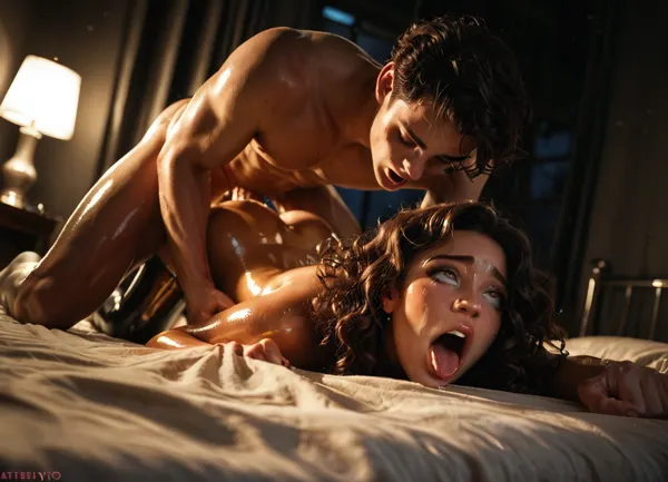 Diagonal Angle, full-body photo, (fucked by a white man), (night time:1), (dark room), (romantic lighting), (glistening skin:1.15), beautiful brunette, 22 yo Turkish girl, brown hair, (pleasure, moaning:1.2), (ahegao face:1), wavy sex hair, face down, full lips, thick lips, (blushing), (bubble butt), topless, tight leather mini skirt, skirt pulled up, latex stockings, (open mouth:1.1), shocked, (holding legs against chest and getting fucked hard), fucked by huge cock, (veined cock:1), (cock touching pussy), white bed, window, masterpiece, ultra detailed face, award winning photo, movie, still, film, cinematic, shot, lighting, macro, 35mm, green, eyes, blue, brown, close, up, teeth, braces, <lora:MJ52:1>, <lora:AdvancedEnhancerXLv2:.6>