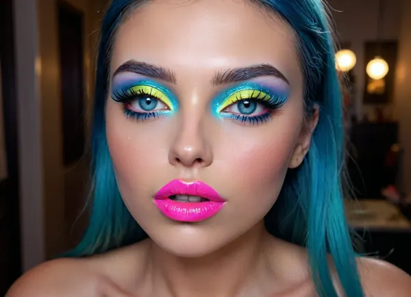 markgavatino art style, (Masterpiece), (ultra high definition), sexy robot with robot face, (hyper fully robotic girl), Beautiful, long dark BLUE hair, natural breasts, and white eyes., (((cyan shiny hyper glowing neon pussy lips))), (B3YOND_STYLE_MECHA), (hyper spread pussy, hyper gaping pussy), ((makeup:1.5), long blue eyelashes, olive eyeshadow with glitter), (lips:1.2), pink lipstick, seducing smirks. At the final stage, the cameraman finished on the woman's face makeup., makeup, eyeliner, eyelashes, <lora:detailed_notrigger:.8>, <lora:DetailedEyes_V3:1.4>, <lora:Modern_MakeUp_XL_v0_1:2>