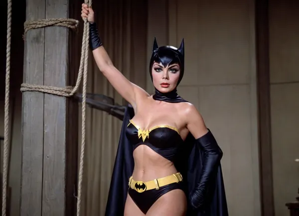 1960's Batman TV series, 35mm color film. Full body shot, Yvonne Craig playing Batgirl is tied up with ropes and her ample chest is exposed. Batman arrives to save Batgirl.