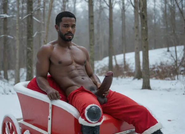 total view, black african Santa Claus man, black skin, sitting leaned back in a big open sleigh, defind abs, curtain opend, redpants wide opened, showing his face and huge 12 inch long dick, hard erected veiny cock, (face and cock), black boots, winter landscape, masturbating, cumming, cumexplosioin, cum on face, photorealistic