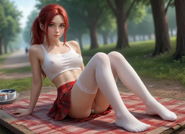 Full body portrait, wide angle shot, up skirt, view under legs, focus legs, 1girl, big charming green eyes, sitting, knees together, legs bent, toes pointed, (thighhigh white stockings), plaid microskirt, see though tank top, on picnic table, blurry background, hourglass figure, large perky breasts, day, freckles, lips, long hair, ponytail, looking at viewer, navel, nipples, nude, outdoors, beautiful realistic shaved pussy, jeweled buttplug, red hair, solo, uncensored, <lora:add-detail-xl:2>, <lora:photorealistic_portrait_notrigger:2>