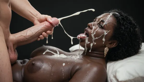 white mature obese black woman, (milf:1.2), absolutely black skin, deep ebony skin, (((absolutely black skin))), extremely long sleek black hair, eyes open, pink thong, lying with her back on the floor, black african fit man with a huge 22 inch penis, masturbating, shooting his cum on her face, cumshot, mouth open, tongue sticking out, porn photoshoot, black background, black room, excessive cum on face, mouthfull of cum.