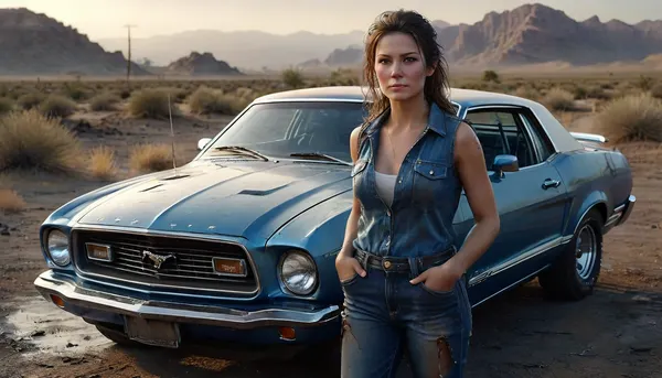 Create a photorealistic scene set in the Arizona desert during the 1970s. A breathtaking female auto mechanic, drenched in sweat and covered in grease, stands in front of a brown classic, (Mustang Gen 2 from 1974:1.3), with its hood open. Her blue overalls are partially unbuttoned, revealing glimpses of skin, and her hands and face are smudged with oil. The intense desert heat creates a hazy, dusty atmosphere, adding a gritty, authentic vibe. She holds tools in one hand, focused and skilled, while the sun sets in the background, casting a warm glow. The entire scene captures the raw, hardworking essence and the sultry charm of the mechanic, (ziprealism:1.3), ultra-sharp details, realistic skin texture, refined contrast, 8k detail, authentic facial expression, clean composition, (maximum photo quality:1.4), (maximum resolution:1.5), Black, and, white, art, black, shading, charcoal, toned, brutal, dark, b/w, color, scheme, DonMSp3ctr4lXL, clothes, htk-mstng2, <lora:Black and white art.V1:.2>, <lora:photorealistic_portrait_notrigger:1.1>, <lora:MJ52:.5>, <lora:DonMSp3ctr4lXL-000008:.9>, <lora:Mustang_Gen_2_1974:.8>