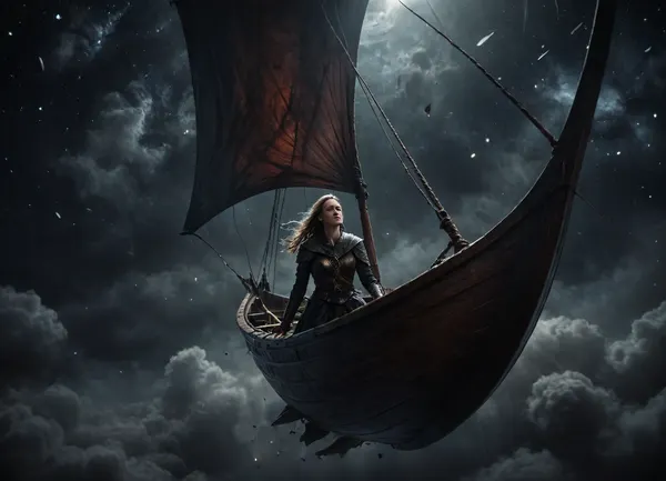 A beautiful viking girl in a sail boat flying outer space, large sail, long shot, from below, dream like, surreal, fantasy, painting, Dark, dreams, Eerie, reality, Horror, Darkness, <lora:DDXL:.8>