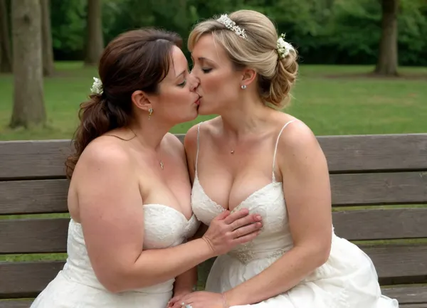 masterpiece, best quality, two very attractive, (curvaceous), (middle aged:1.6), married wives with, ((big natural tits)), sitting on a bench outside, (passionately kissing each other:1.4), holding each other breasts, (wedding rings:1.3), french, kiss, <lora:french_kiss_xl_v1:1.3>