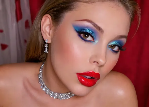 I'm 27 years old, I'm a horse girl., ((makeup:1.5), long blue eyelashes, olive eyeshadow with glitter), (big red lips:1.5), full lips of a bold red tone, thick red lipstick shiny moisturized by transparent wet gloss, she sits completely naked and uninhibited, showing her cap and pussy in lipstick, flowered stockings on her legs, makeup, eyeliner, eyelashes, <lora:Modern_MakeUp_XL_v0_1:1.7>