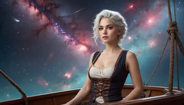 A woman in a boat, sailing the Milky Way in starry space with a prominent spiral galaxy, wearing an erotic pirate costume, her face framed by her white hair. She is on a sailboat, standing on the bow, gazing into the infinity of space above a nebula in Saturn's asteroid belt, with a view of Saturn and Jupiter. Side view with wide depth of field. Soft, ethereal lighting with pastel colors and a touch of magic in the atmosphere. The image should be detailed and rich in textures, with a focus on the feeling of freedom and adventure in space.