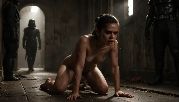 score_9, score_8_up, score_7_up, score_6_up, masterpiece, best quality, ultra-realistic, 8k, HDR, Rey from Star Wars, (Daisy Ridley likeness), early 20s, ((skin covered in deep bloody red cuts, marks and bruises)), 1girl brutally used by Darth Vader, all with enormous veiny white cocks, ((deep standing anal penetration)), on cold metal floor of dimly lit Imperial starship hangar, dramatic cinematic lighting, harsh overhead spotlights cutting through thick steam and fog, strong rim-lighting on sweat-drenched skin, deep shadows, shallow depth of field, blurred background, stormtroopers, lens flare, volumetric god rays, ultra-detailed skin texture and liquid physics, photorealistic tears and saliva strings, cinematic color grading, ((full body dolly shot)), Darth, Vader, <lora:Rey:1>, <lora:LCMTurboMix_Euler_A_fix:.8>, <lora:dark:.1>, <lora:legupsex_XL_9_-000009:.8>, PEDarthVader, <lora:PE_DarthVader:.8>