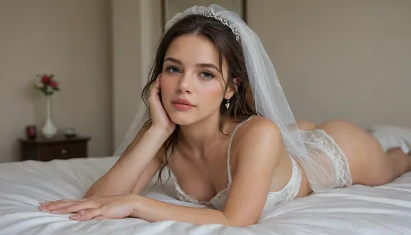 cute young bride cumbucket lying on the bed with her bridal veil, a gallon of cum has recently been poured over all of her body and face, portrait, from side, looking at the cam, taken by professional photographer, cinematic dark lightning, luxury hotel room, nip slip, 4ng3l, <lora:SDXL_BetterFaces-LoRA_v1:1>