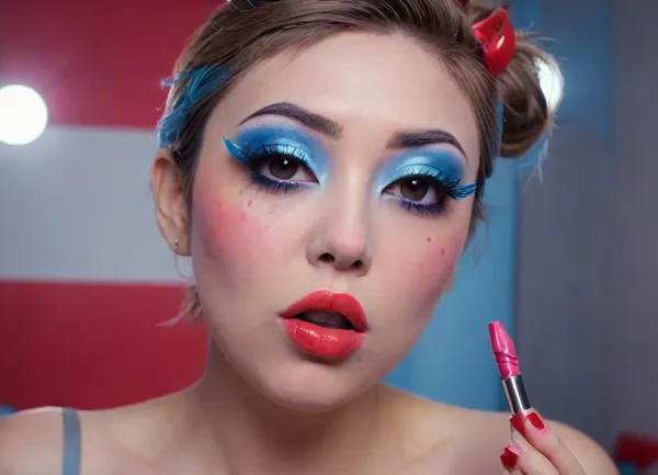 The image shows a yo girl, (Japanese:1.7), She is wearing a sleeveless grey dress with decorative nipple cutouts., (bright lighting:1.2), beautiful detailed eyes, extremely detailed face, perfect lighting, best quality, steel pipe indide pussy, solo, ((anus)), She has long, wavy brown hair and is smiling while applying red lipstick. She holds a red lipstick in one hand and a compact mirror in the other, which is partially open. Red sunglasses rest on top of her head, and she has pinky-red nail polish, matching her lipstick. The background is plain and light-colored, emphasizing her as the focal point., ((makeup:1.5), long blue eyelashes with eyeliner:1.2), (big lips:1.3), (purple pussy:1.1), futuristic, glasses, ruined, makeup, Filip, Hodas, Style, page, <lora:FuturisticGlassesXL:1.2>, <lora:ruined1:1.6>, <lora:Filip Hodas Style:2>