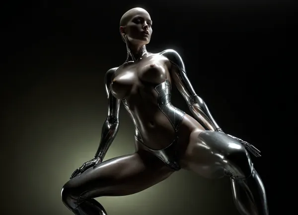 A sexy female robot with reflecting metallic chrom skin, a highly detailed and vibrant fantasy artwork, concept art nude big brest girl, art by Hajime Sorayama. She wears nothing, completely nude, chrome skin, Chrome Eroticism, smooth, reflective surfaces that enhance the metallic sheen of robots. The detailed rendering of textures, from the softness of human skin to the hardness of metal, she has no hair, bald head, dynamic lighting, lights, digital painting, intricated pose, highly detailed intricated, . digital artwork, illustrative, painterly, matte painting, highly detailed, best quality, fine detail, warm lightning, erotic, porno, subdued atmosphere, chiaroscuro, full body, full body view, light_green background. The body floats weightlessly in space. Crouched position. Tumbling body in space. Art style inspired by Hajime Sorayama and the sexy robot series., low angle, ((randomized-body view from below)), <lora:dark:.5>